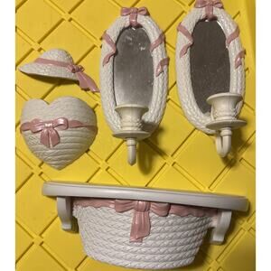 Vintage 1989 Home Interiors Burwood Products White/Pink Wicker Wall Decor 5pc Se